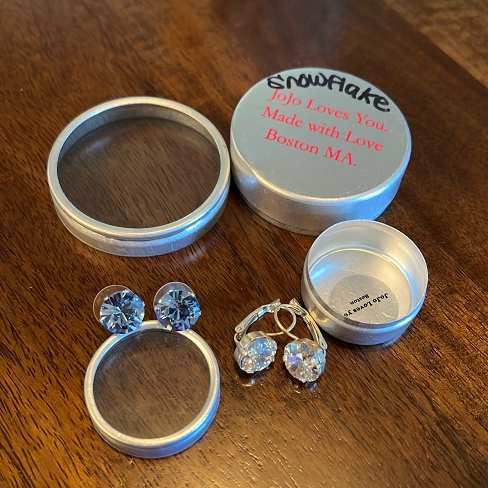 Two pairs of JoJo Loves You Swarovski earrings